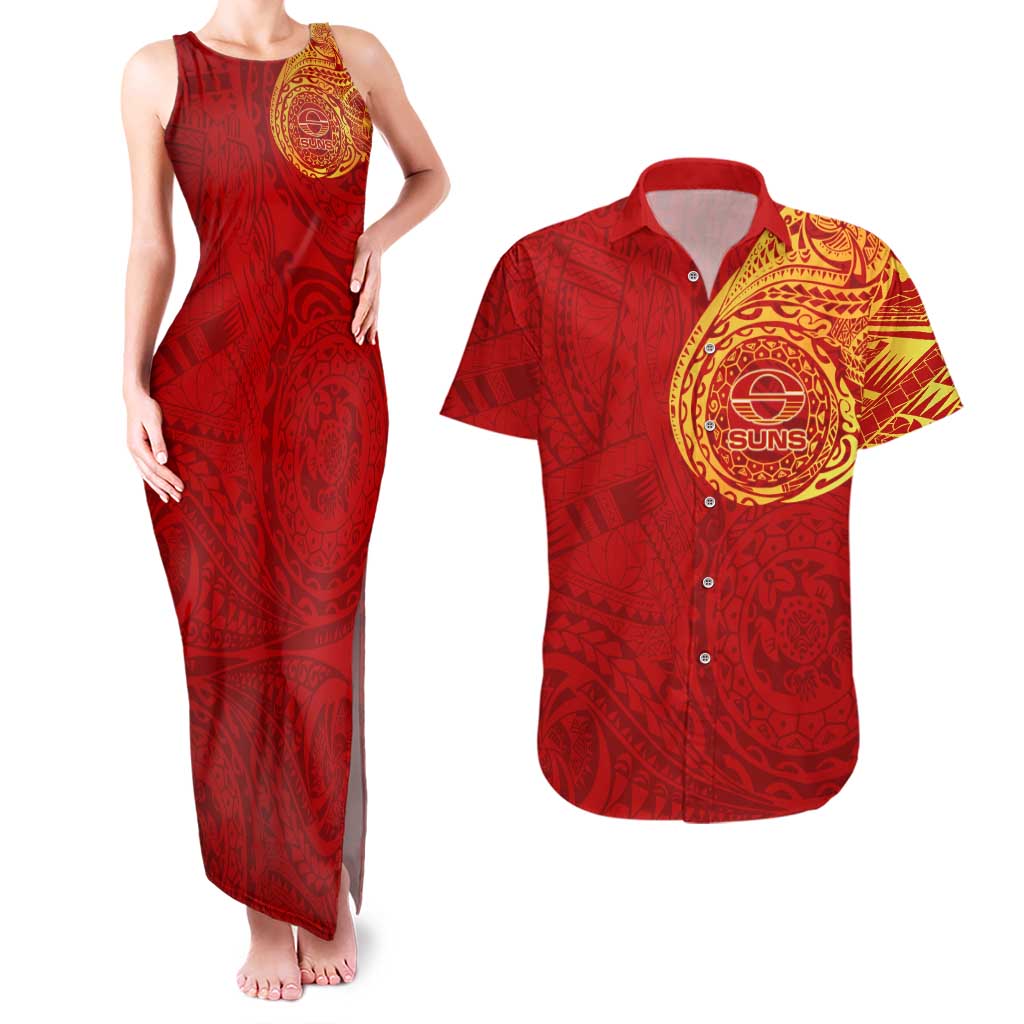 Personalized Gold Coast Suns Polynesian Couples Matching Tank Maxi Dress and Hawaiian Shirt Tribal Chest and Sleeve Tattoo Heritage Warrior