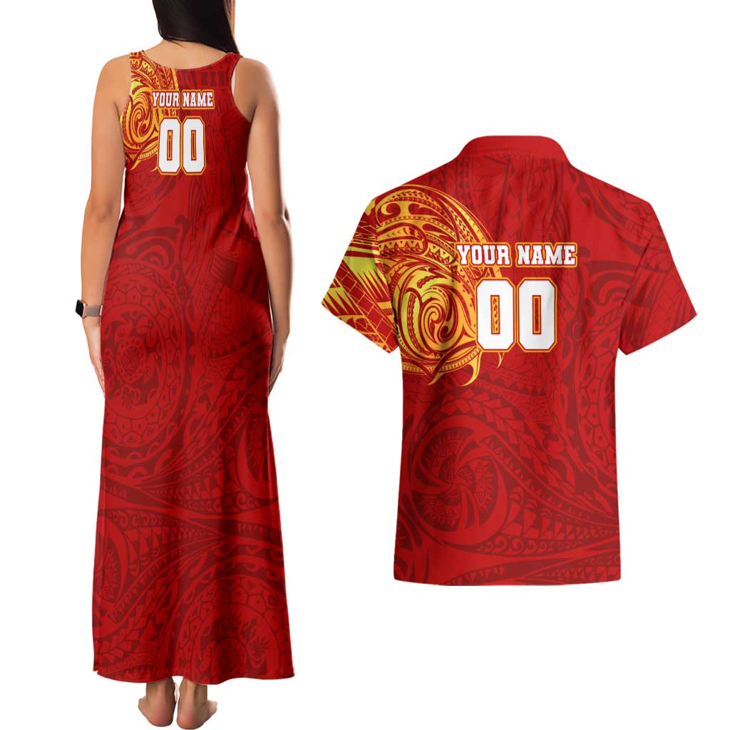 Personalized Gold Coast Suns Polynesian Couples Matching Tank Maxi Dress and Hawaiian Shirt Tribal Chest and Sleeve Tattoo Heritage Warrior
