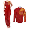 Personalized Gold Coast Suns Polynesian Couples Matching Tank Maxi Dress and Long Sleeve Button Shirt Tribal Chest and Sleeve Tattoo Heritage Warrior