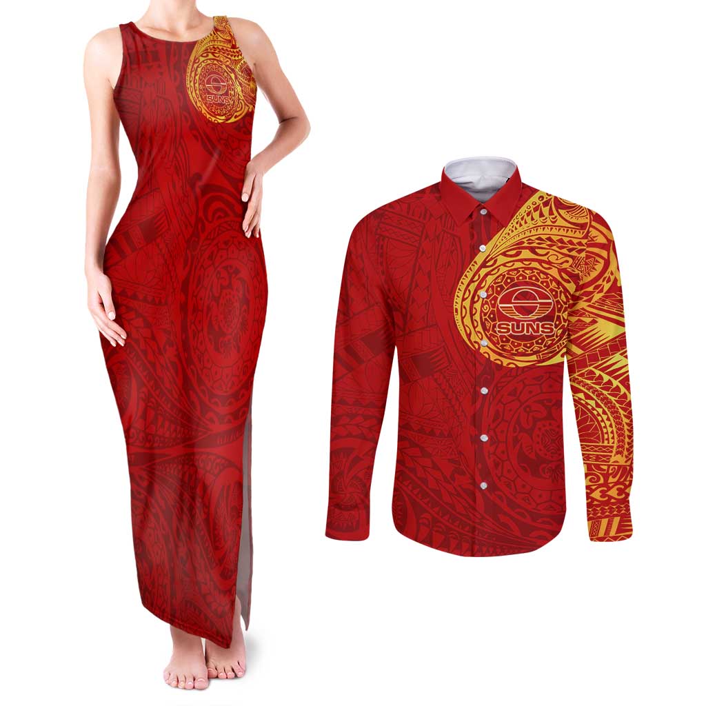 Personalized Gold Coast Suns Polynesian Couples Matching Tank Maxi Dress and Long Sleeve Button Shirt Tribal Chest and Sleeve Tattoo Heritage Warrior