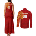 Personalized Gold Coast Suns Polynesian Couples Matching Tank Maxi Dress and Long Sleeve Button Shirt Tribal Chest and Sleeve Tattoo Heritage Warrior
