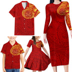 Personalized Gold Coast Suns Polynesian Family Matching Long Sleeve Bodycon Dress and Hawaiian Shirt Tribal Chest and Sleeve Tattoo Heritage Warrior