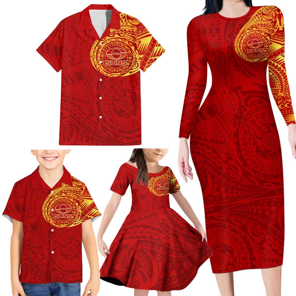 Personalized Gold Coast Suns Polynesian Family Matching Long Sleeve Bodycon Dress and Hawaiian Shirt Tribal Chest and Sleeve Tattoo Heritage Warrior