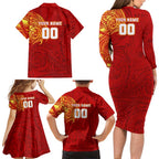 Personalized Gold Coast Suns Polynesian Family Matching Long Sleeve Bodycon Dress and Hawaiian Shirt Tribal Chest and Sleeve Tattoo Heritage Warrior