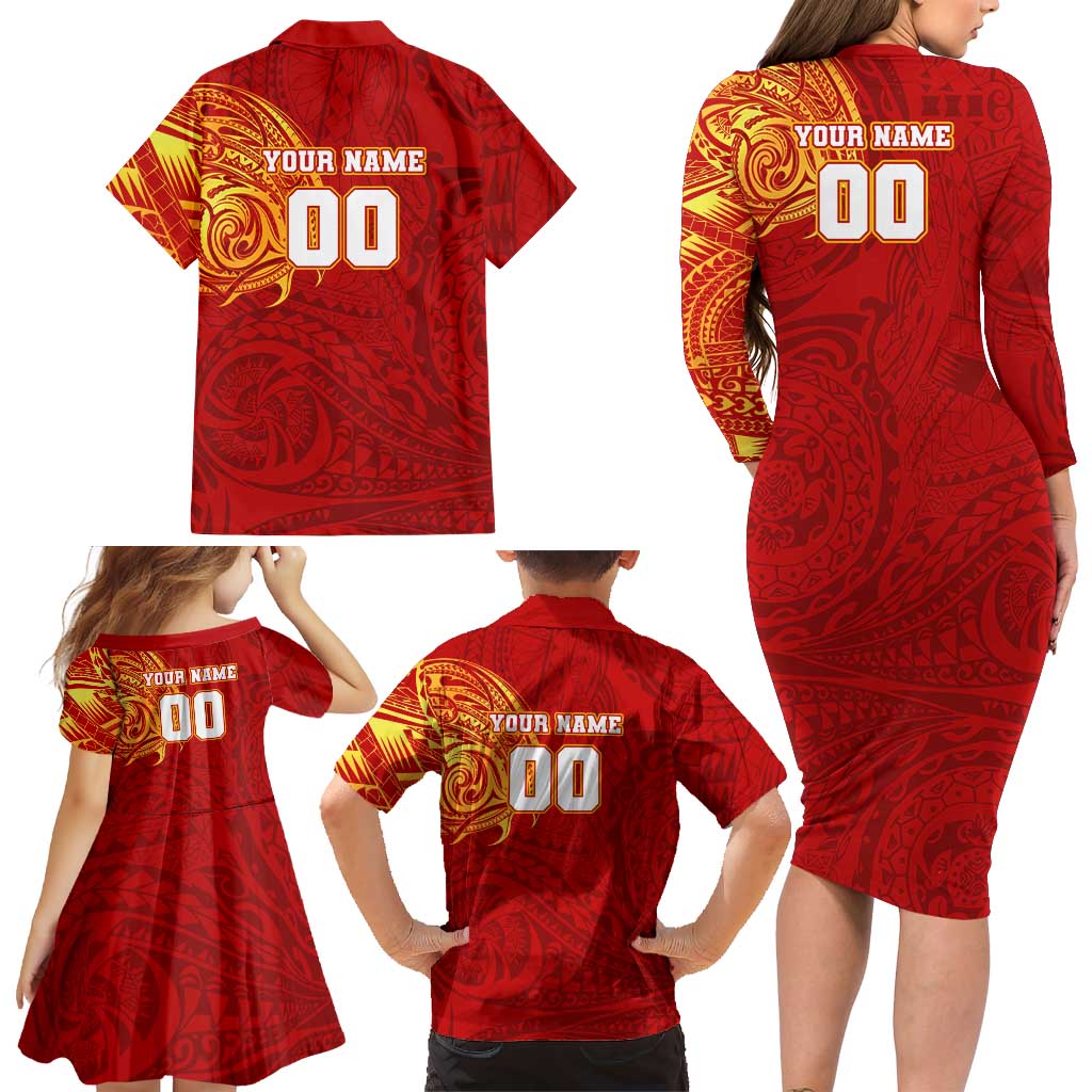 Personalized Gold Coast Suns Polynesian Family Matching Long Sleeve Bodycon Dress and Hawaiian Shirt Tribal Chest and Sleeve Tattoo Heritage Warrior
