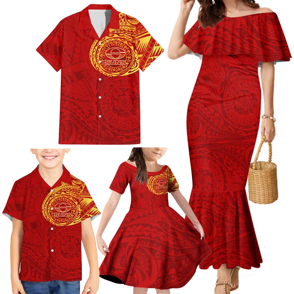 Personalized Gold Coast Suns Polynesian Family Matching Mermaid Dress and Hawaiian Shirt Tribal Chest and Sleeve Tattoo Heritage Warrior