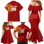 Personalized Gold Coast Suns Polynesian Family Matching Mermaid Dress and Hawaiian Shirt Tribal Chest and Sleeve Tattoo Heritage Warrior