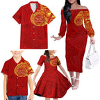 Personalized Gold Coast Suns Polynesian Family Matching Off The Shoulder Long Sleeve Dress and Hawaiian Shirt Tribal Chest and Sleeve Tattoo Heritage Warrior
