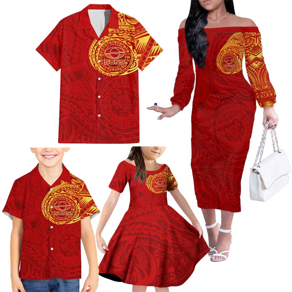 Personalized Gold Coast Suns Polynesian Family Matching Off The Shoulder Long Sleeve Dress and Hawaiian Shirt Tribal Chest and Sleeve Tattoo Heritage Warrior