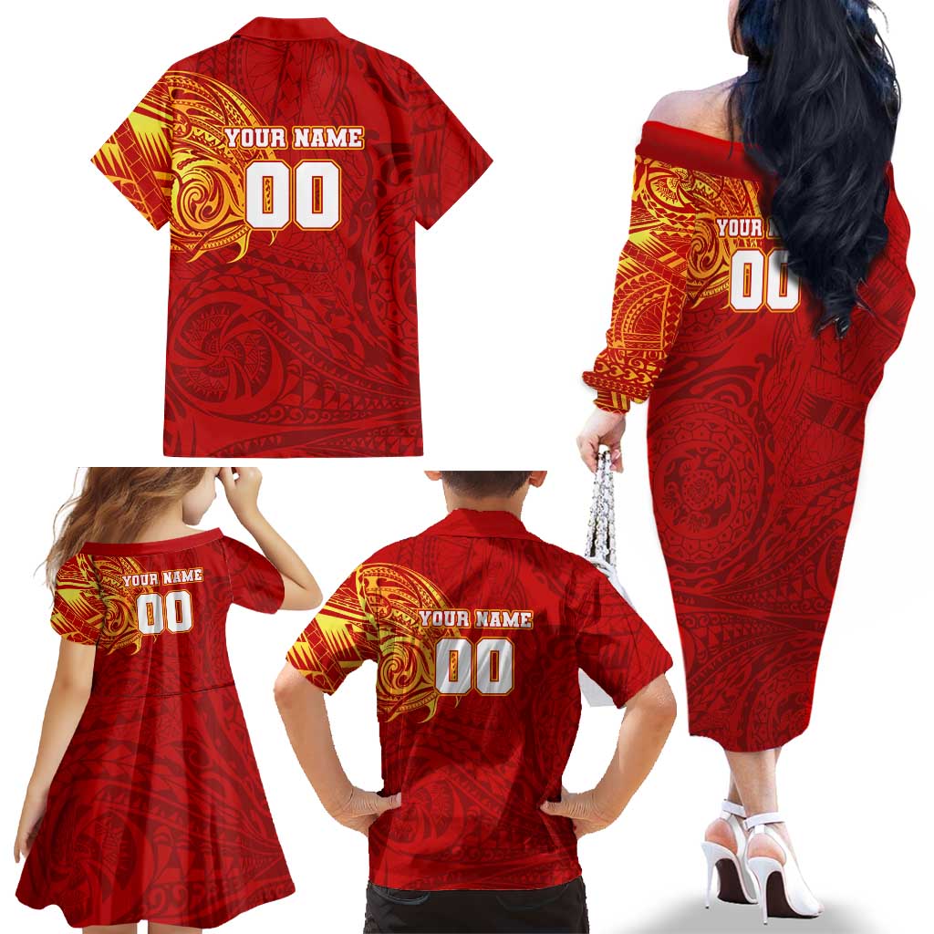 Personalized Gold Coast Suns Polynesian Family Matching Off The Shoulder Long Sleeve Dress and Hawaiian Shirt Tribal Chest and Sleeve Tattoo Heritage Warrior