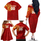 Personalized Gold Coast Suns Polynesian Family Matching Off The Shoulder Long Sleeve Dress and Hawaiian Shirt Tribal Chest and Sleeve Tattoo Heritage Warrior