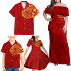 Personalized Gold Coast Suns Polynesian Family Matching Off Shoulder Maxi Dress and Hawaiian Shirt Tribal Chest and Sleeve Tattoo Heritage Warrior