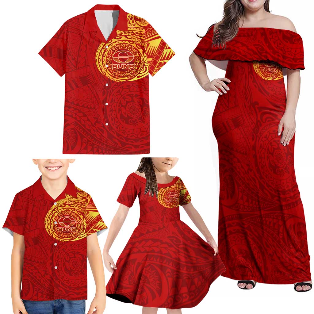 Personalized Gold Coast Suns Polynesian Family Matching Off Shoulder Maxi Dress and Hawaiian Shirt Tribal Chest and Sleeve Tattoo Heritage Warrior
