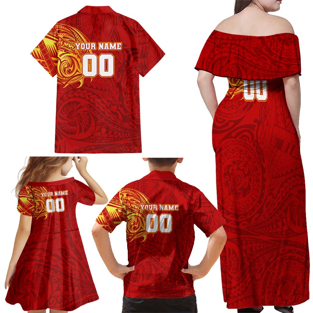 Personalized Gold Coast Suns Polynesian Family Matching Off Shoulder Maxi Dress and Hawaiian Shirt Tribal Chest and Sleeve Tattoo Heritage Warrior