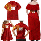 Personalized Gold Coast Suns Polynesian Family Matching Off Shoulder Maxi Dress and Hawaiian Shirt Tribal Chest and Sleeve Tattoo Heritage Warrior
