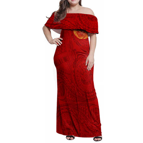 Personalized Gold Coast Suns Polynesian Family Matching Off Shoulder Maxi Dress and Hawaiian Shirt Tribal Chest and Sleeve Tattoo Heritage Warrior