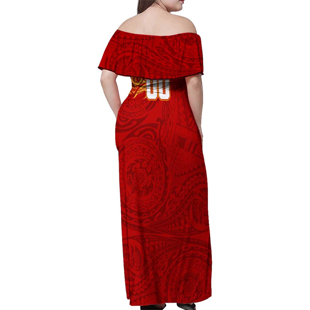 Personalized Gold Coast Suns Polynesian Family Matching Off Shoulder Maxi Dress and Hawaiian Shirt Tribal Chest and Sleeve Tattoo Heritage Warrior