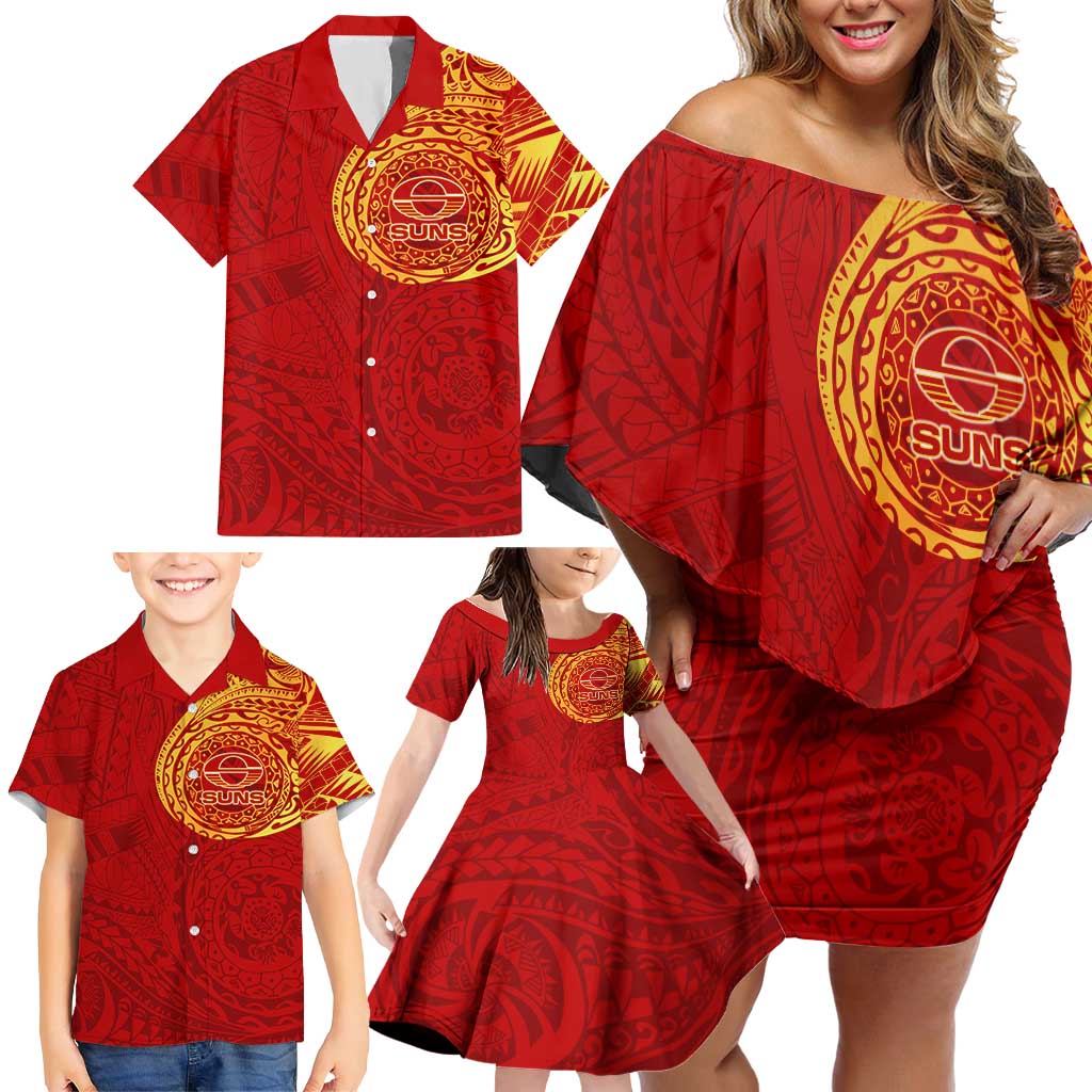 Personalized Gold Coast Suns Polynesian Family Matching Off Shoulder Short Dress and Hawaiian Shirt Tribal Chest and Sleeve Tattoo Heritage Warrior