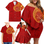 Personalized Gold Coast Suns Polynesian Family Matching Off Shoulder Short Dress and Hawaiian Shirt Tribal Chest and Sleeve Tattoo Heritage Warrior