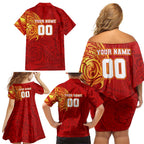 Personalized Gold Coast Suns Polynesian Family Matching Off Shoulder Short Dress and Hawaiian Shirt Tribal Chest and Sleeve Tattoo Heritage Warrior