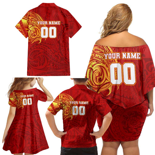 Personalized Gold Coast Suns Polynesian Family Matching Off Shoulder Short Dress and Hawaiian Shirt Tribal Chest and Sleeve Tattoo Heritage Warrior