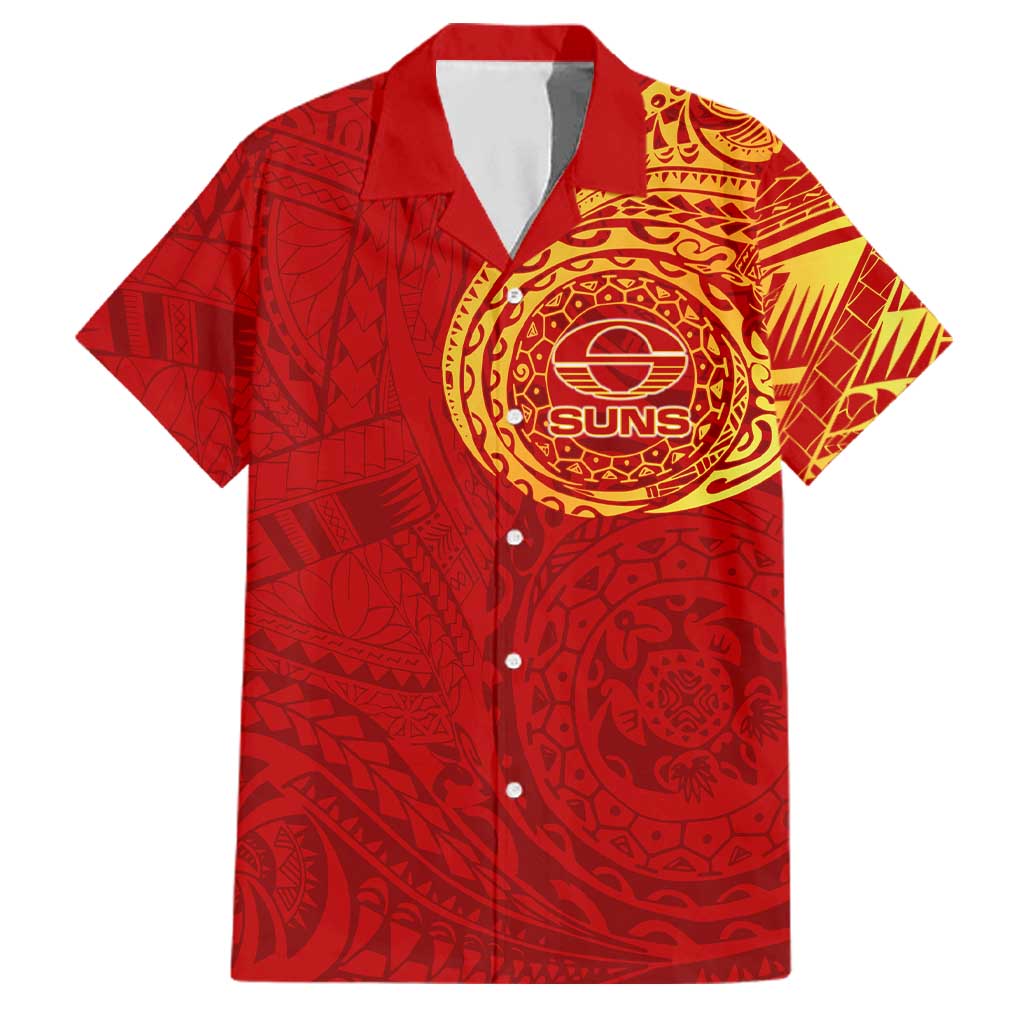 Personalized Gold Coast Suns Polynesian Family Matching Off Shoulder Short Dress and Hawaiian Shirt Tribal Chest and Sleeve Tattoo Heritage Warrior