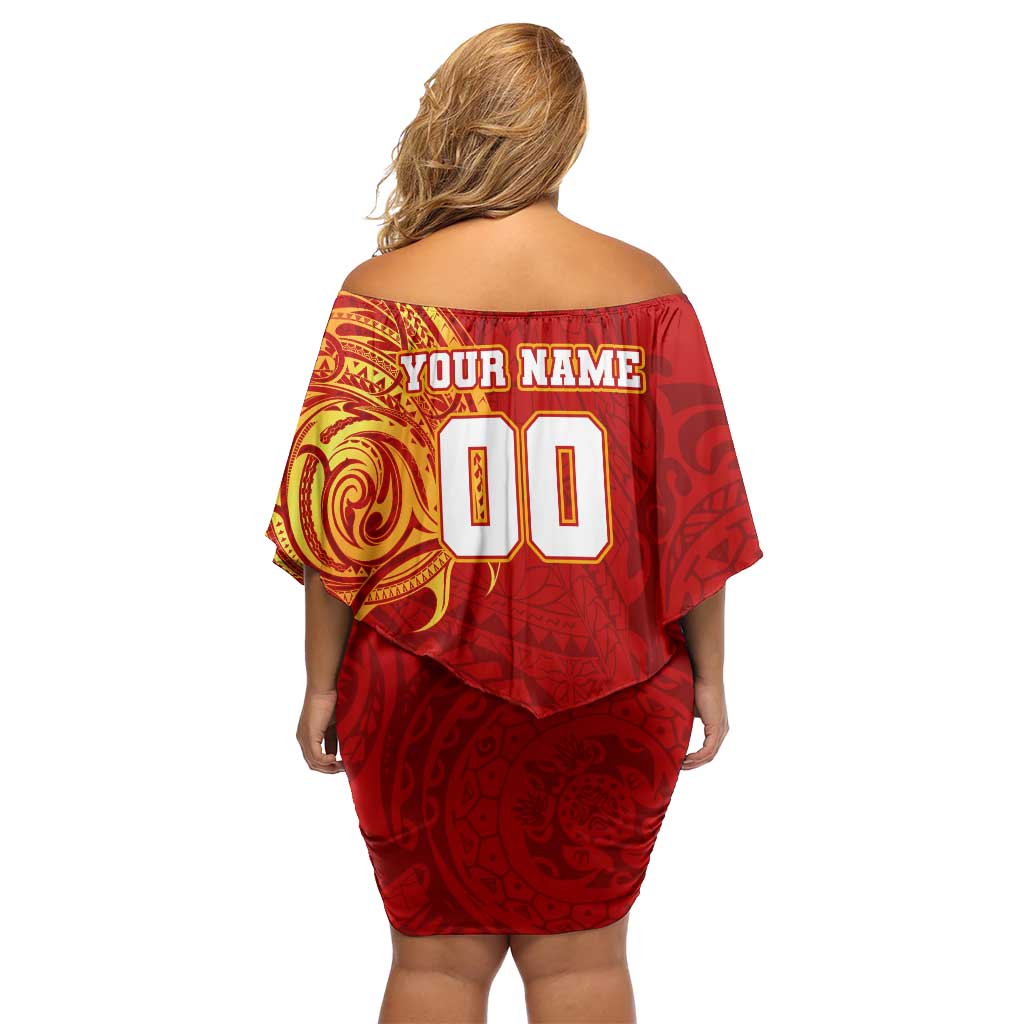 Personalized Gold Coast Suns Polynesian Family Matching Off Shoulder Short Dress and Hawaiian Shirt Tribal Chest and Sleeve Tattoo Heritage Warrior