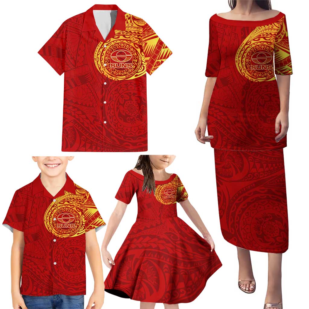Personalized Gold Coast Suns Polynesian Family Matching Puletasi and Hawaiian Shirt Tribal Chest and Sleeve Tattoo Heritage Warrior