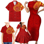 Personalized Gold Coast Suns Polynesian Family Matching Short Sleeve Bodycon Dress and Hawaiian Shirt Tribal Chest and Sleeve Tattoo Heritage Warrior