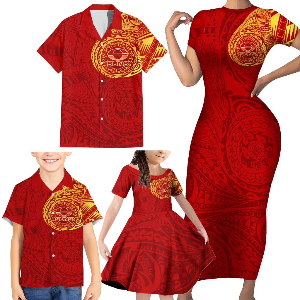 Personalized Gold Coast Suns Polynesian Family Matching Short Sleeve Bodycon Dress and Hawaiian Shirt Tribal Chest and Sleeve Tattoo Heritage Warrior