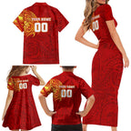 Personalized Gold Coast Suns Polynesian Family Matching Short Sleeve Bodycon Dress and Hawaiian Shirt Tribal Chest and Sleeve Tattoo Heritage Warrior
