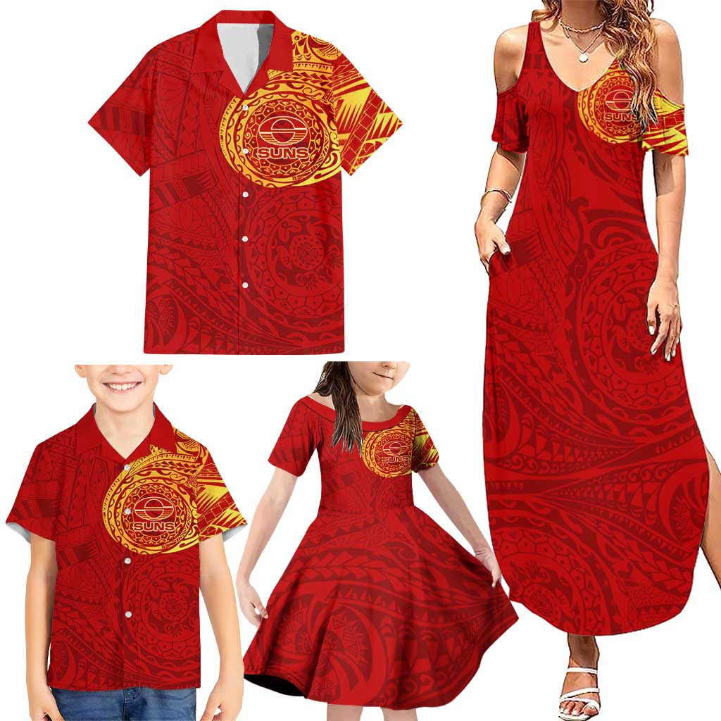 Personalized Gold Coast Suns Polynesian Family Matching Summer Maxi Dress and Hawaiian Shirt Tribal Chest and Sleeve Tattoo Heritage Warrior