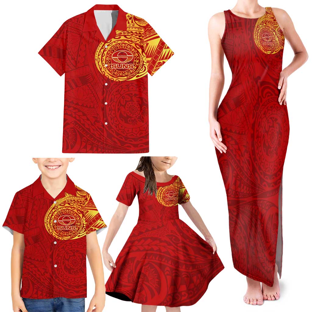 Personalized Gold Coast Suns Polynesian Family Matching Tank Maxi Dress and Hawaiian Shirt Tribal Chest and Sleeve Tattoo Heritage Warrior