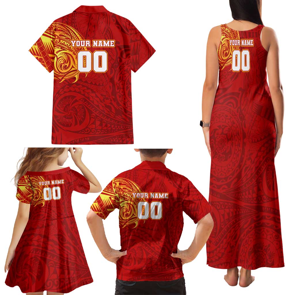 Personalized Gold Coast Suns Polynesian Family Matching Tank Maxi Dress and Hawaiian Shirt Tribal Chest and Sleeve Tattoo Heritage Warrior