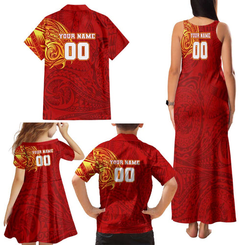 Personalized Gold Coast Suns Polynesian Family Matching Tank Maxi Dress and Hawaiian Shirt Tribal Chest and Sleeve Tattoo Heritage Warrior