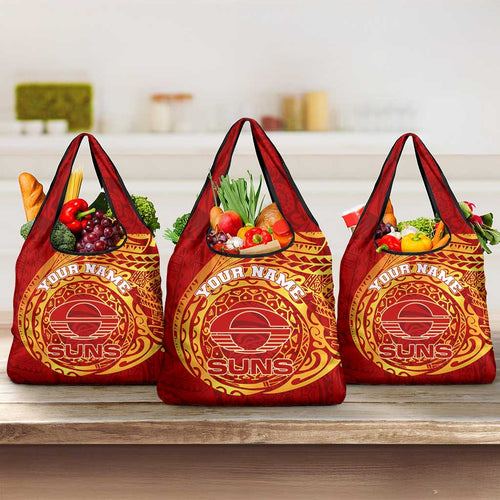 Personalized Gold Coast Suns Polynesian Grocery Bag Tribal Chest and Sleeve Tattoo Heritage Warrior