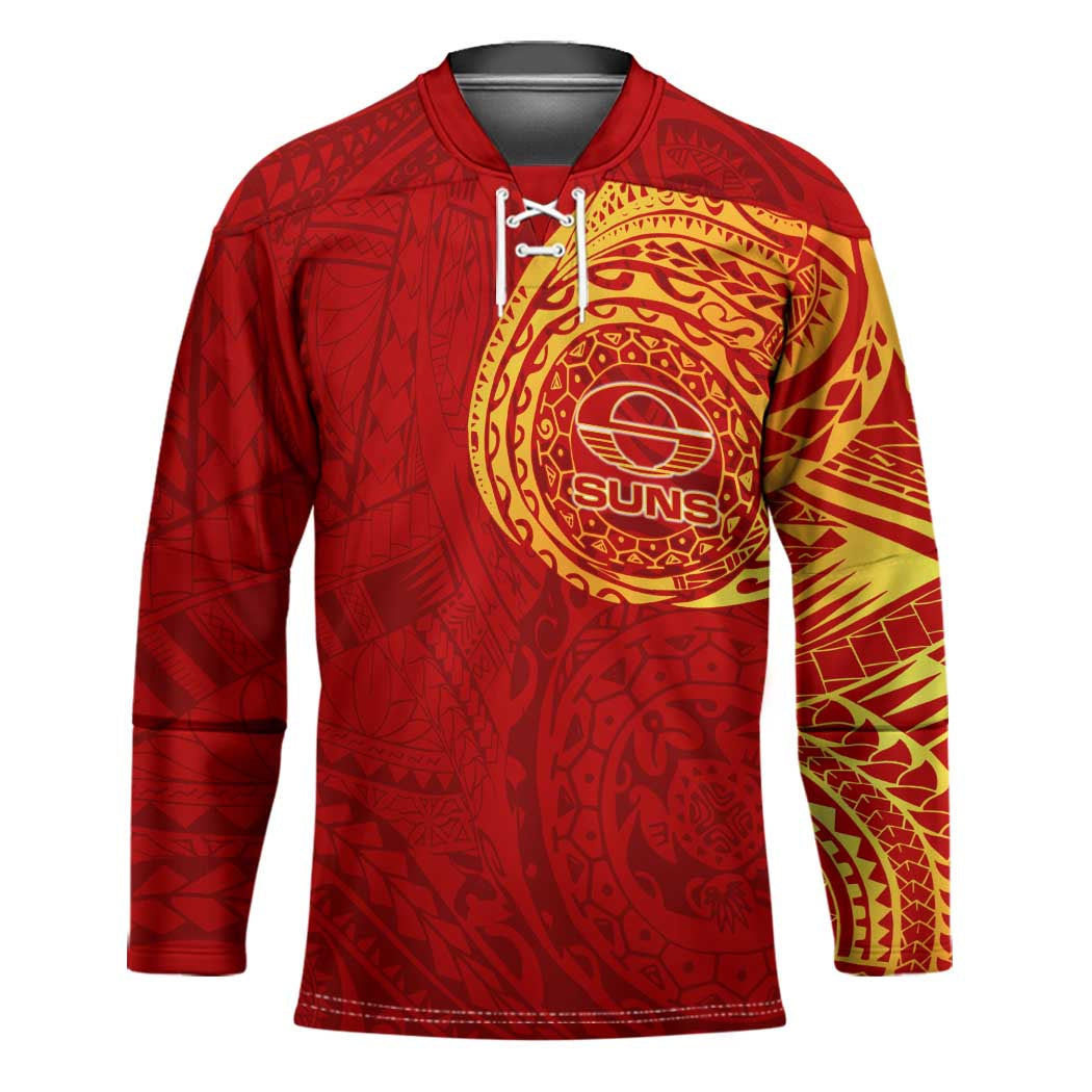 Personalized Gold Coast Suns Polynesian Hockey Jersey Tribal Chest and Sleeve Tattoo Heritage Warrior