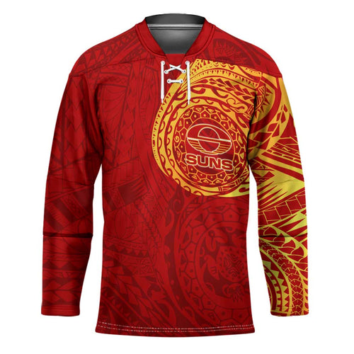 Personalized Gold Coast Suns Polynesian Hockey Jersey Tribal Chest and Sleeve Tattoo Heritage Warrior