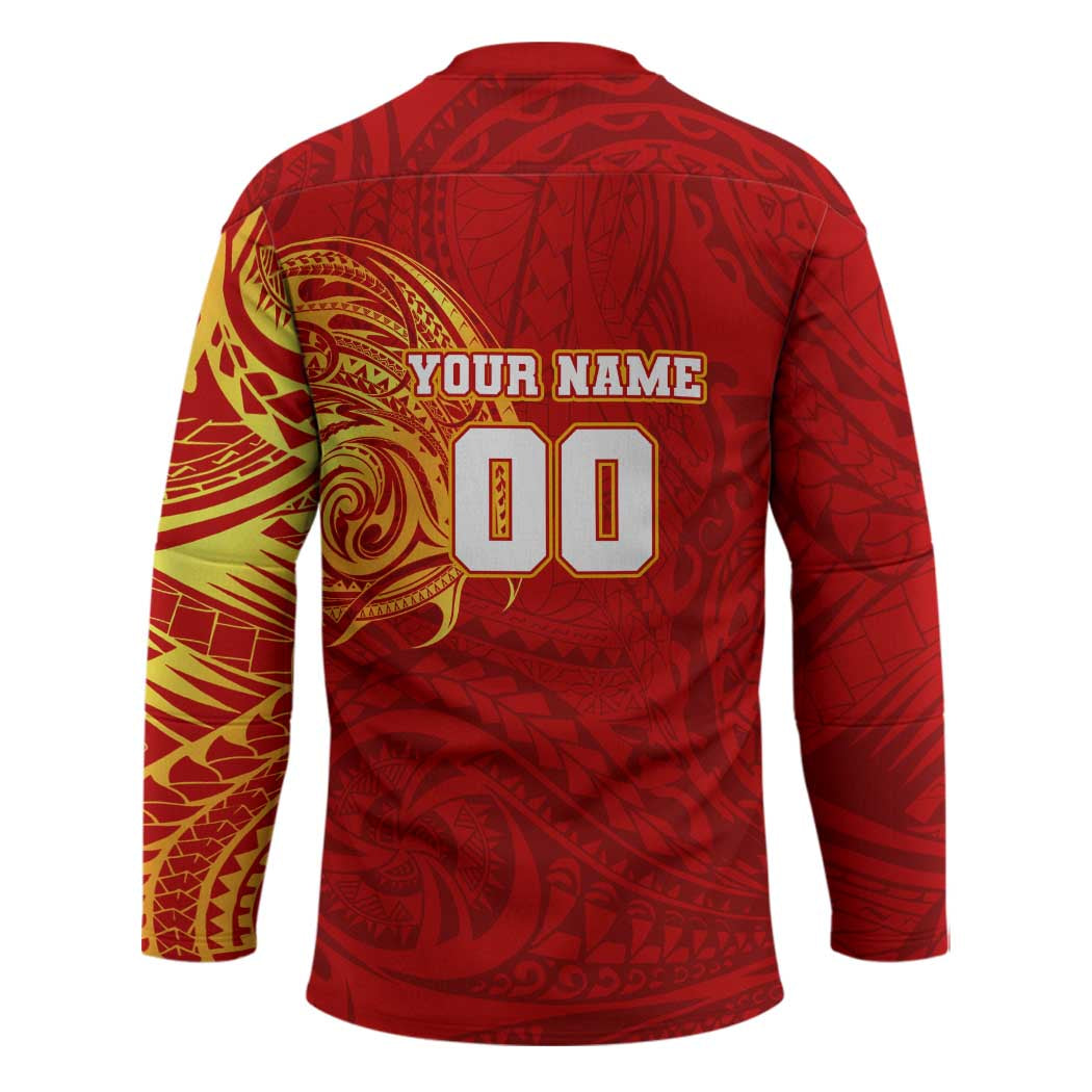 Personalized Gold Coast Suns Polynesian Hockey Jersey Tribal Chest and Sleeve Tattoo Heritage Warrior