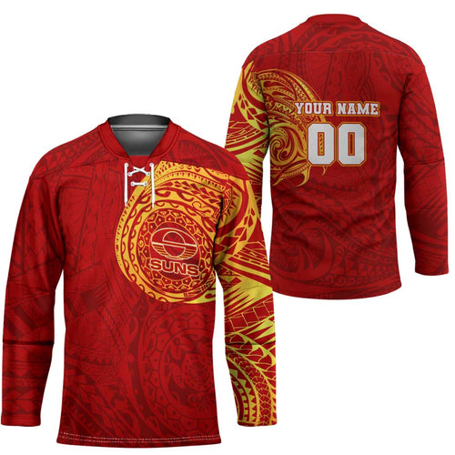 Personalized Gold Coast Suns Polynesian Hockey Jersey Tribal Chest and Sleeve Tattoo Heritage Warrior