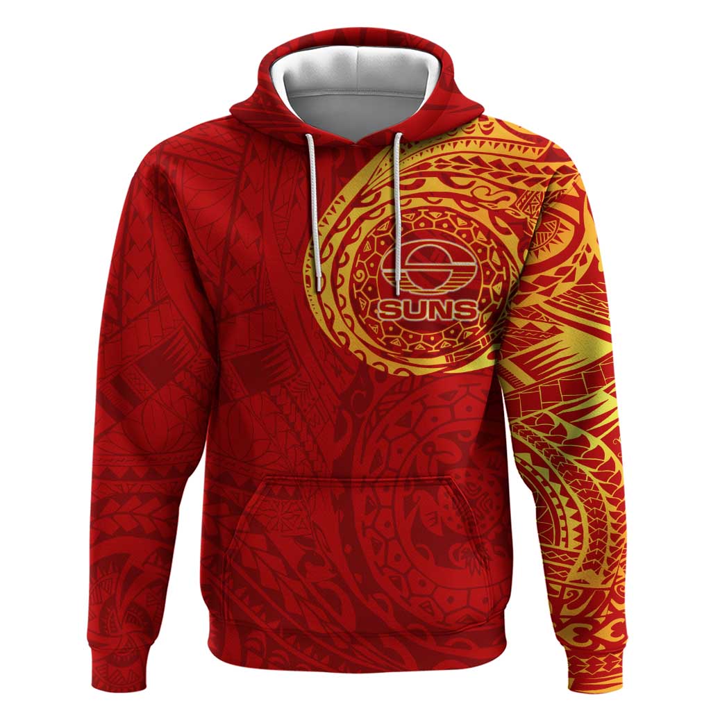 Personalized Gold Coast Suns Polynesian Hoodie Tribal Chest and Sleeve Tattoo Heritage Warrior