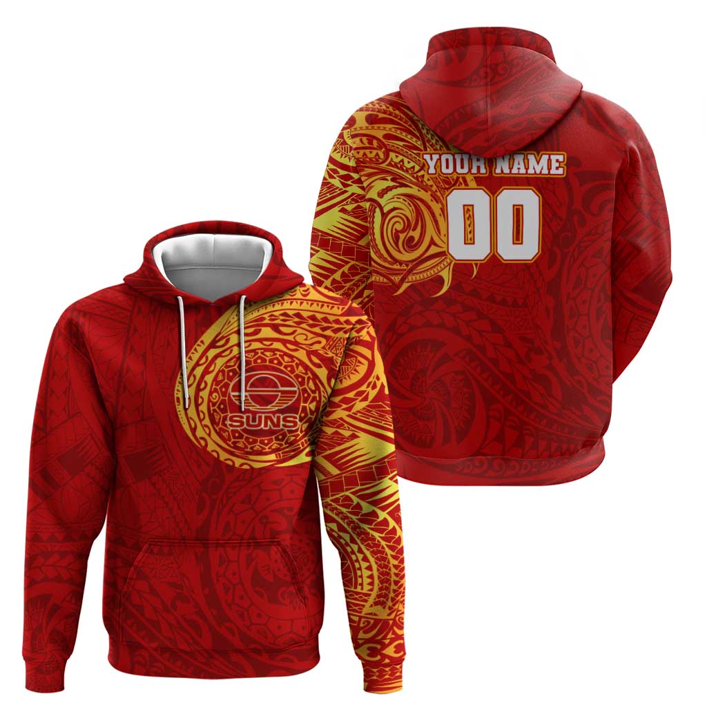Personalized Gold Coast Suns Polynesian Hoodie Tribal Chest and Sleeve Tattoo Heritage Warrior