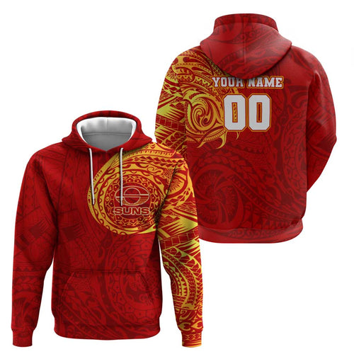 Personalized Gold Coast Suns Polynesian Hoodie Tribal Chest and Sleeve Tattoo Heritage Warrior