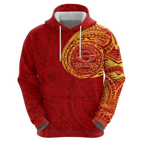 Personalized Gold Coast Suns Polynesian Hoodie Tribal Chest and Sleeve Tattoo Heritage Warrior