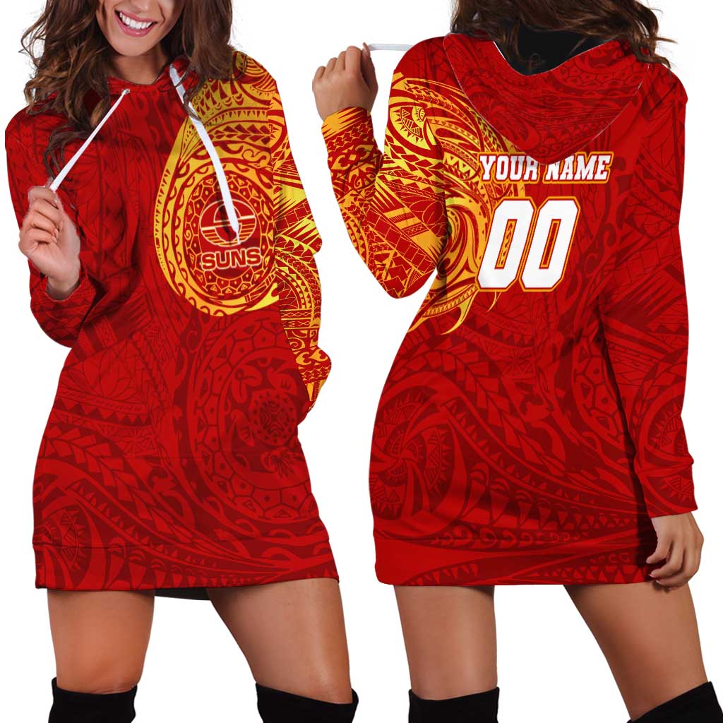 Personalized Gold Coast Suns Polynesian Hoodie Dress Tribal Chest and Sleeve Tattoo Heritage Warrior
