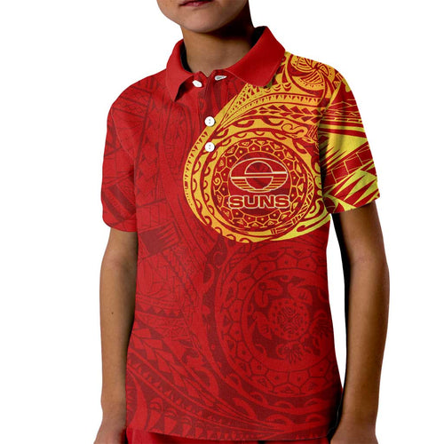 Personalized Gold Coast Suns Polynesian Kid Polo Shirt Tribal Chest and Sleeve Tattoo Heritage Warrior