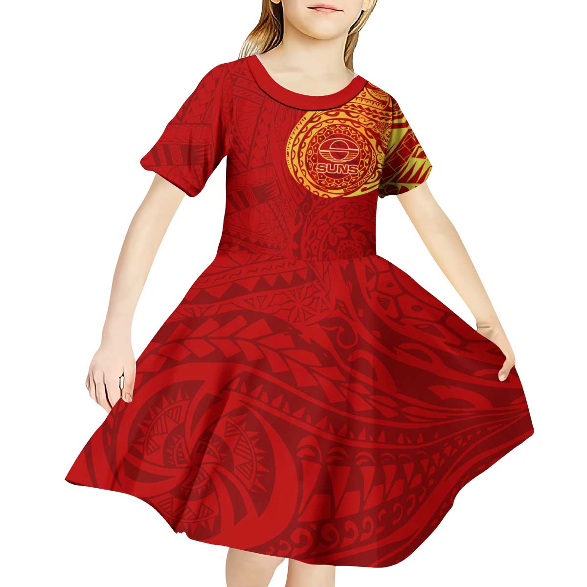 Personalized Gold Coast Suns Polynesian Kid Short Sleeve Dress Tribal Chest and Sleeve Tattoo Heritage Warrior