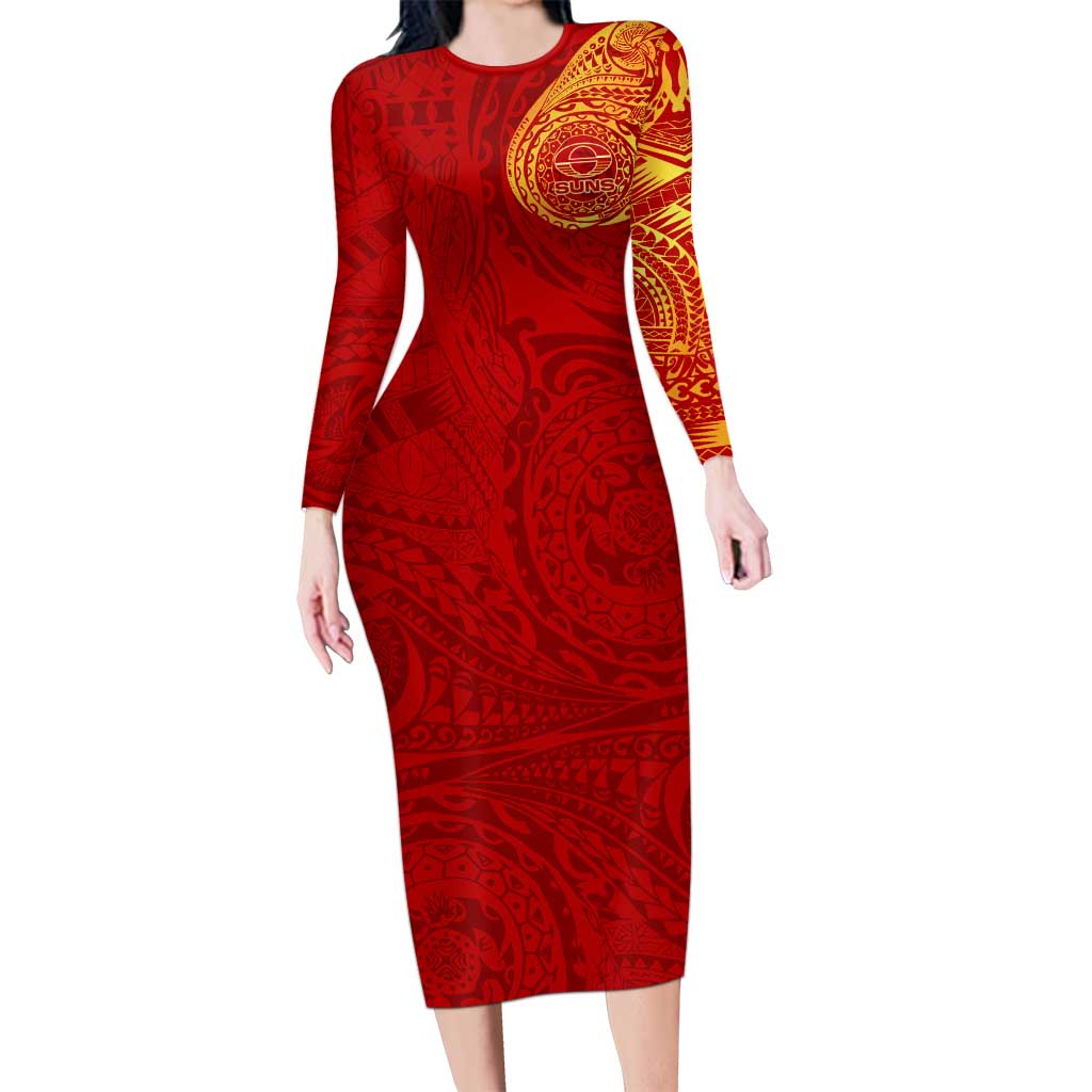 Personalized Gold Coast Suns Polynesian Long Sleeve Bodycon Dress Tribal Chest and Sleeve Tattoo Heritage Warrior