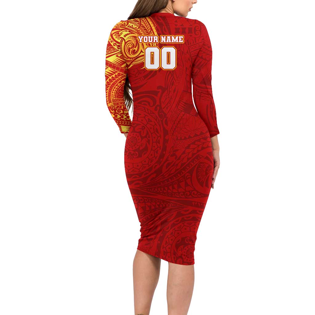 Personalized Gold Coast Suns Polynesian Long Sleeve Bodycon Dress Tribal Chest and Sleeve Tattoo Heritage Warrior