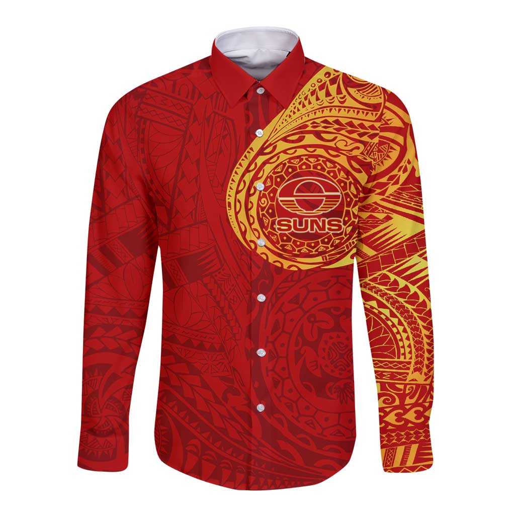 Personalized Gold Coast Suns Polynesian Long Sleeve Button Shirt Tribal Chest and Sleeve Tattoo Heritage Warrior